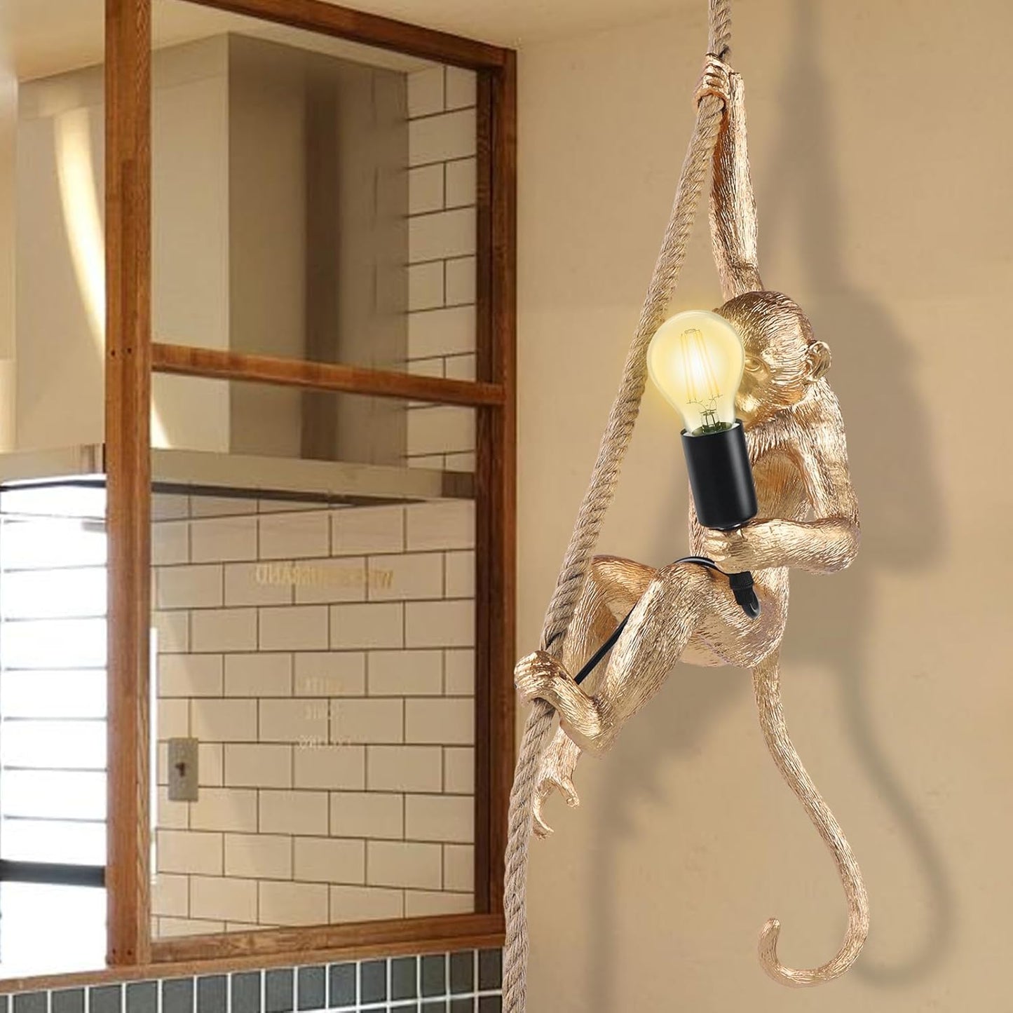 Vintage Monkey Pendant Light Retro Resin Hemp Rope Monkey Lamp 13.7 X 78.7 Inch Hanging Light Fixture E26 Chandelier Ceiling Pendant Lamp for Dining Living Room Bar Cafe (Gold - Pendant Light)