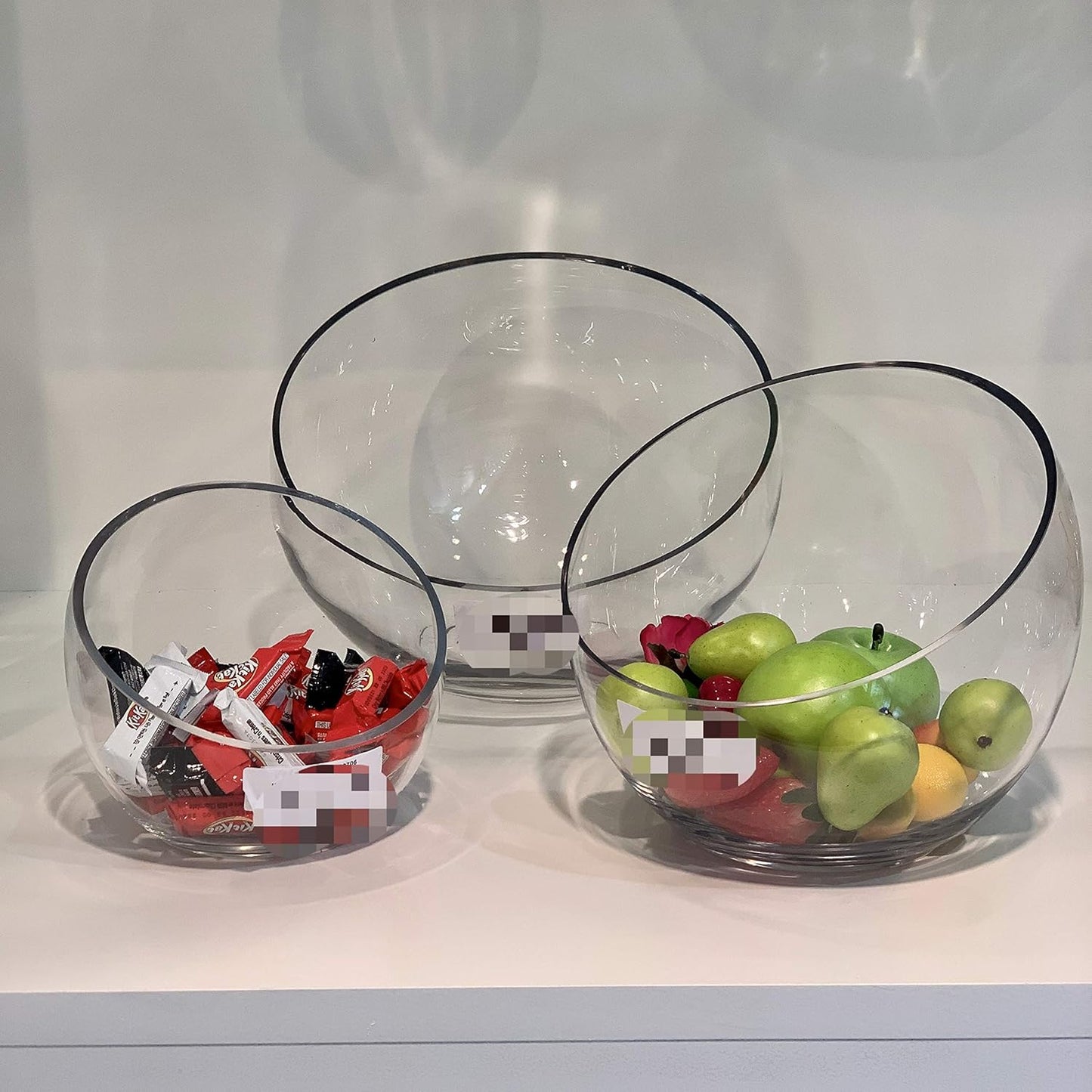 Clear Slant Cut Bowl Glass Vase, Glass Terrarium, Candy Dish, Glassware, Slant Open: 7". Height: 6" X 2.7". Base: 4" (1 Piece)