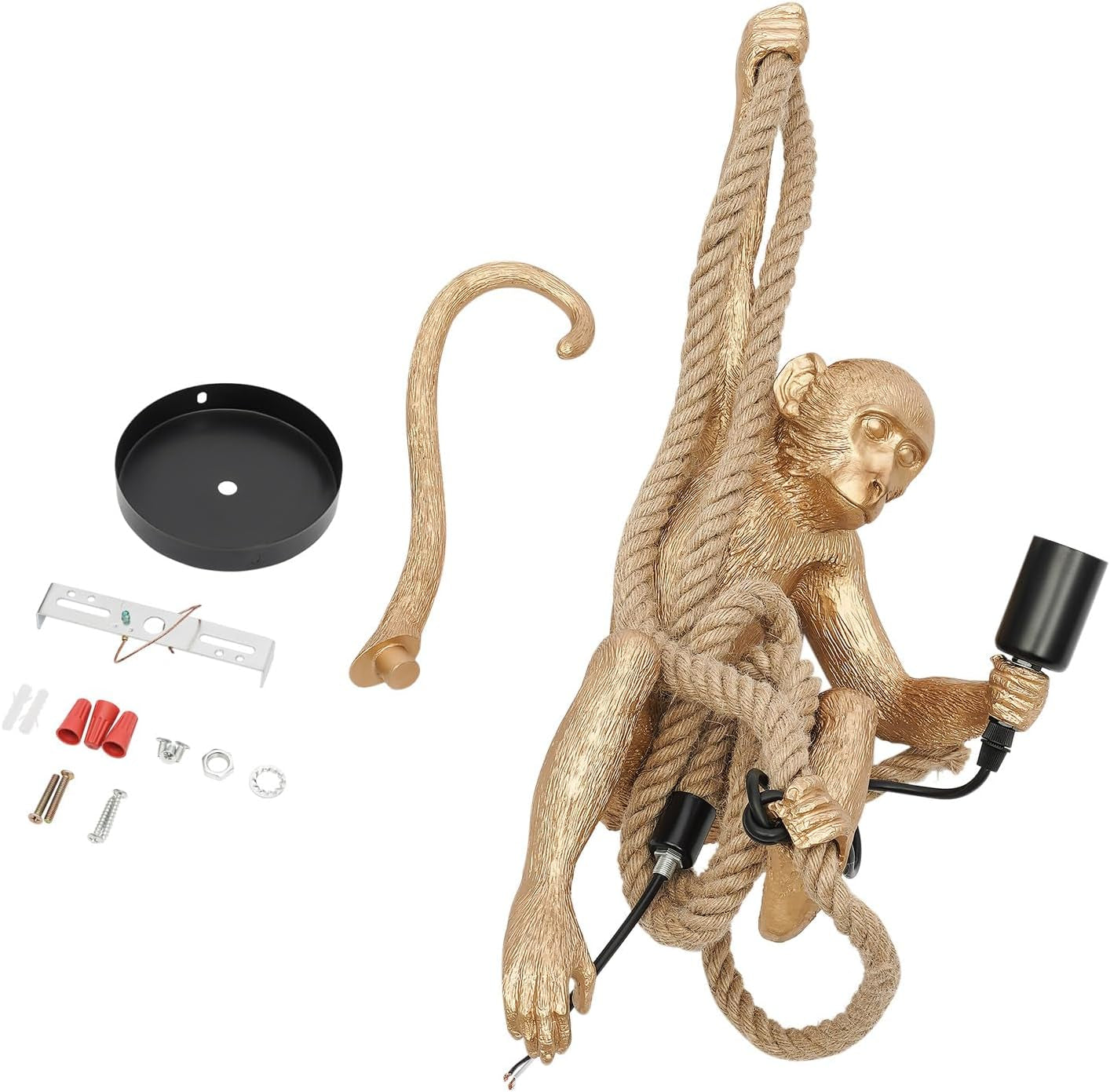 Vintage Monkey Pendant Light Retro Resin Hemp Rope Monkey Lamp 13.7 X 78.7 Inch Hanging Light Fixture E26 Chandelier Ceiling Pendant Lamp for Dining Living Room Bar Cafe (Gold - Pendant Light)