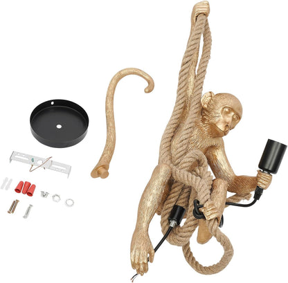 Vintage Monkey Pendant Light Retro Resin Hemp Rope Monkey Lamp 13.7 X 78.7 Inch Hanging Light Fixture E26 Chandelier Ceiling Pendant Lamp for Dining Living Room Bar Cafe (Gold - Pendant Light)