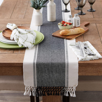 Dobby Stripe Woven Table Runner, 13X72 (13X77.5, Fringe Included), Black