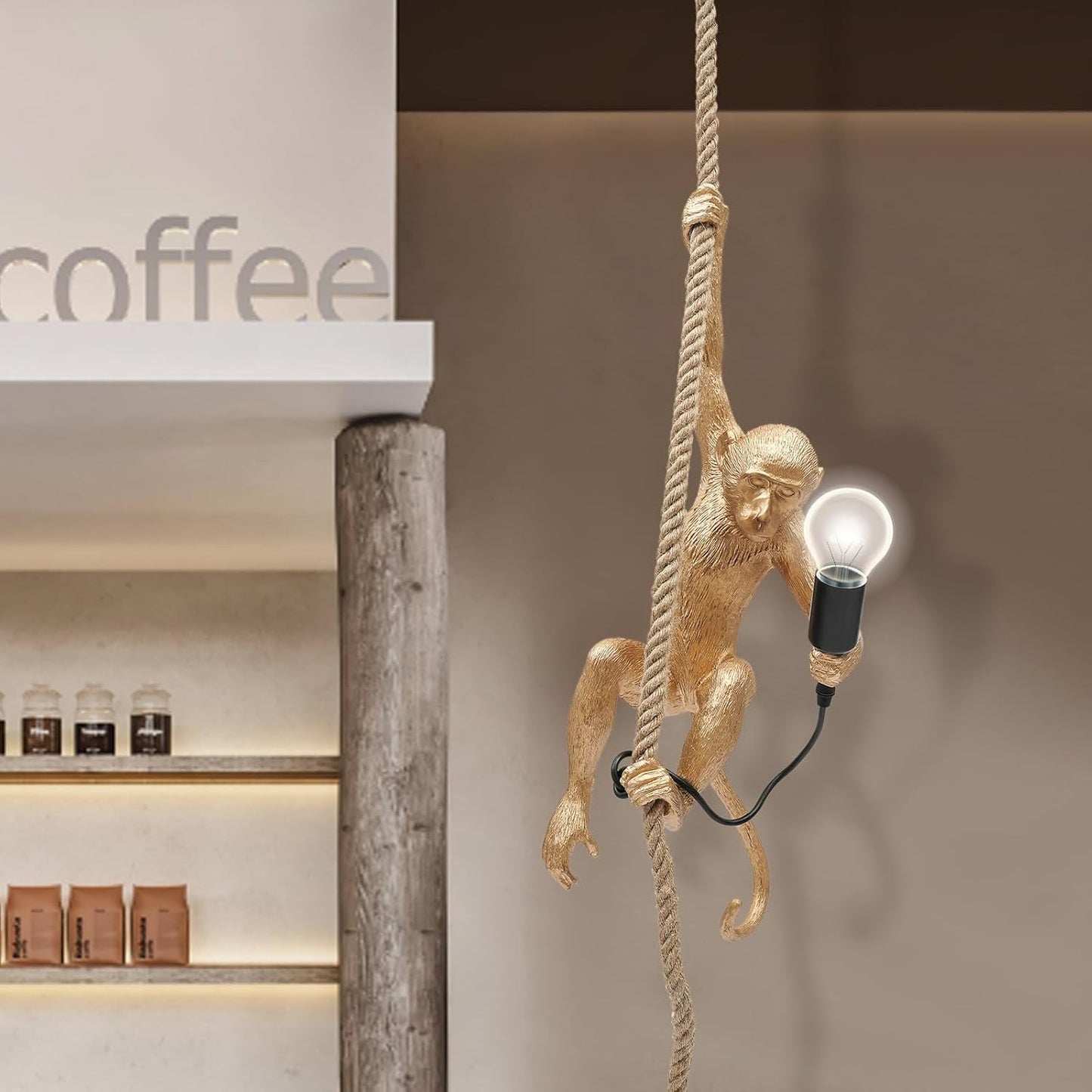 Vintage Monkey Pendant Light Retro Resin Hemp Rope Monkey Lamp 13.7 X 78.7 Inch Hanging Light Fixture E26 Chandelier Ceiling Pendant Lamp for Dining Living Room Bar Cafe (Gold - Pendant Light)