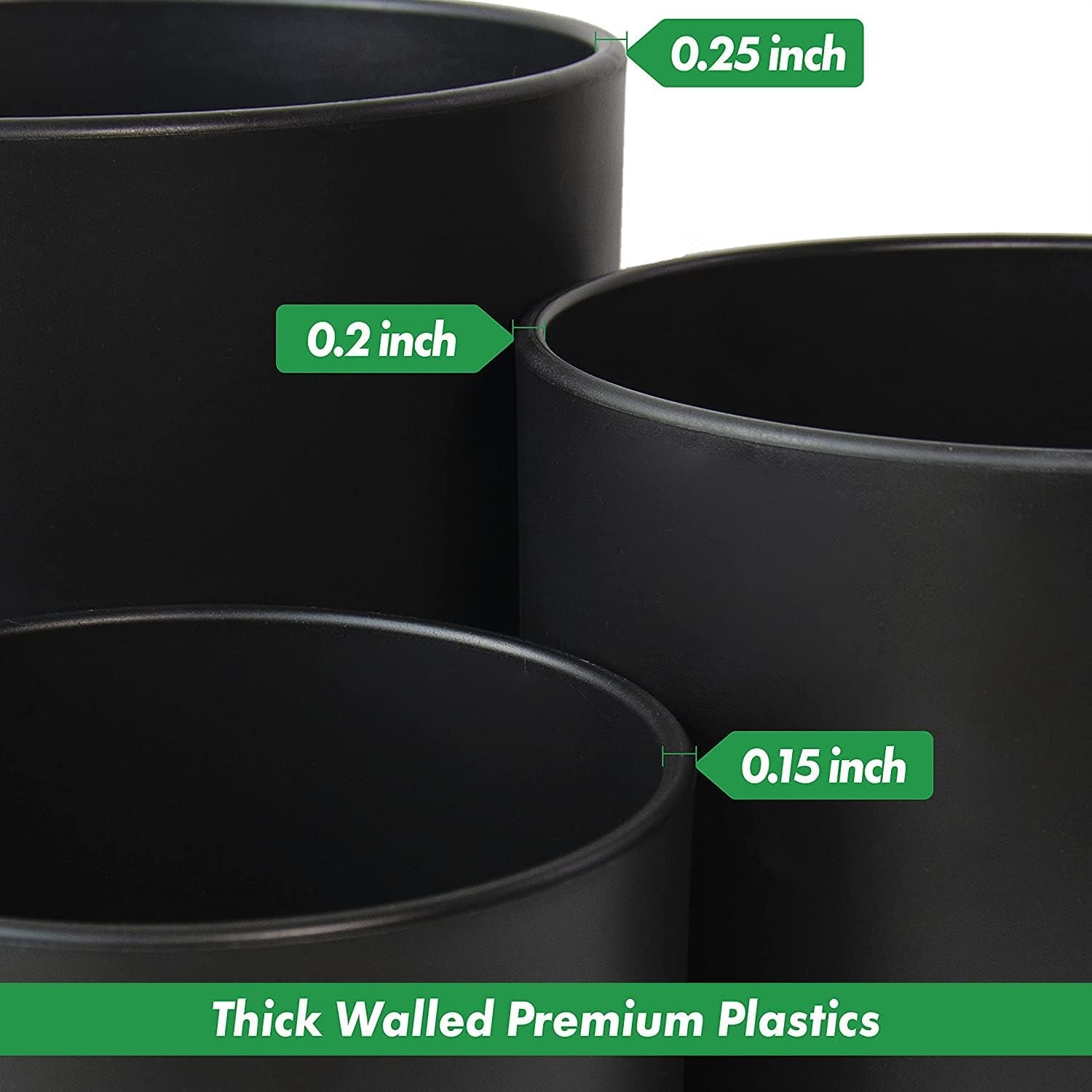 6 Inch 6.5 Inch 8 Inch, Set of 3 Plastic Planter Pots for Plants with Drainage Hole and Seamless Saucers, Black Color, Medium, 74-V-B-3