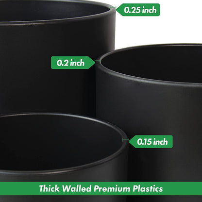 6 Inch 6.5 Inch 8 Inch, Set of 3 Plastic Planter Pots for Plants with Drainage Hole and Seamless Saucers, Black Color, Medium, 74-V-B-3