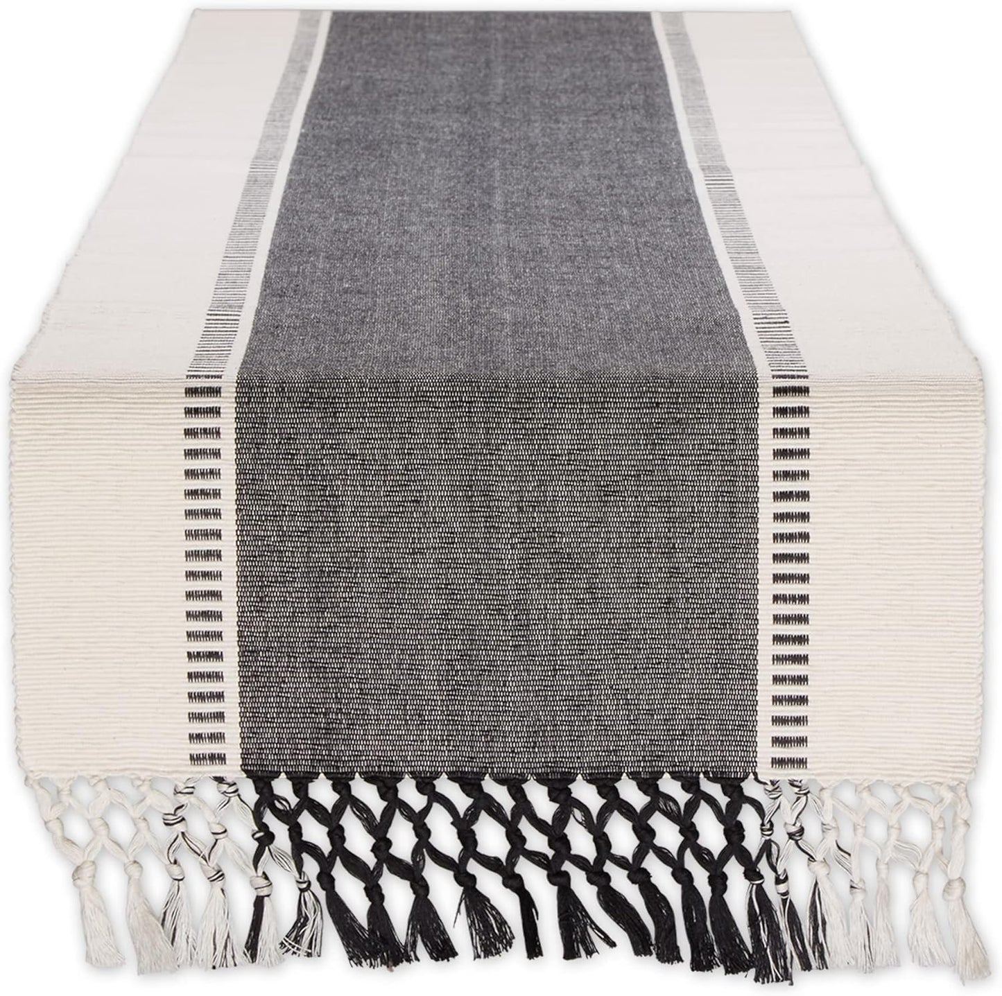 Dobby Stripe Woven Table Runner, 13X72 (13X77.5, Fringe Included), Black