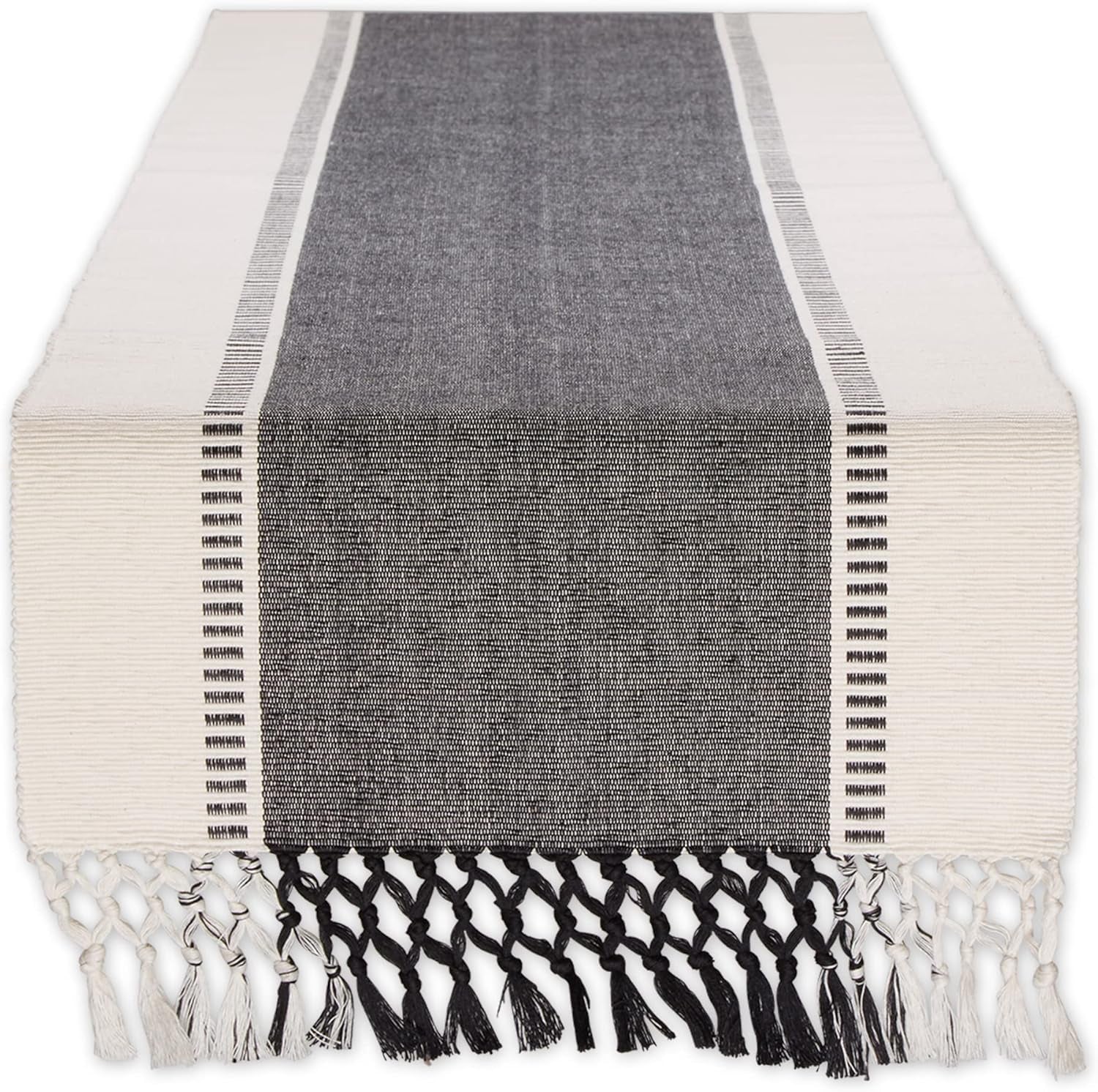 Dobby Stripe Woven Table Runner, 13X72 (13X77.5, Fringe Included), Black