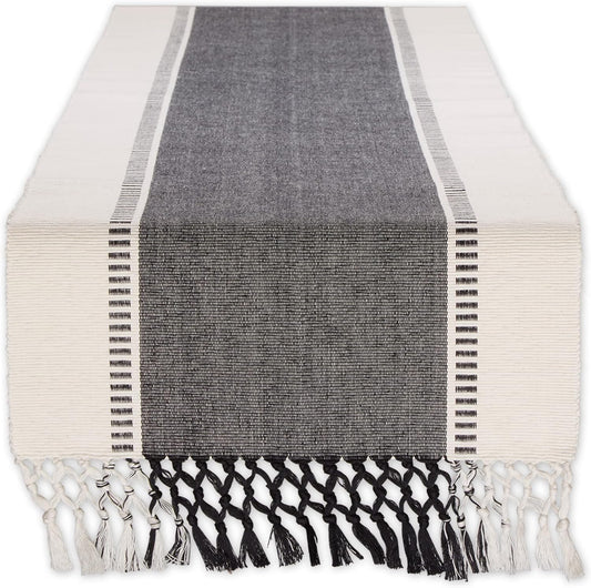 Dobby Stripe Woven Table Runner, 13X72 (13X77.5, Fringe Included), Black