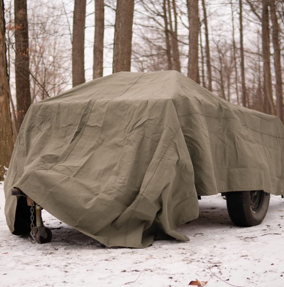 Canvas Tarp 18 Oz. Heavy Duty Waterproof UV Resistant, Rustproof Grommets, Industrial & Commercial Use Cloth Tarp (Cut Size: 12'X16', Finished Size: 11'6"X15'6", Olive)