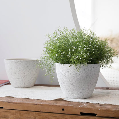 Flower Pots Outdoor Garden Planters, Indoor Plant Pots with Drainage Holes, Plastic, Speckled White, Set 2 (7.5 + 7.5 Inch)