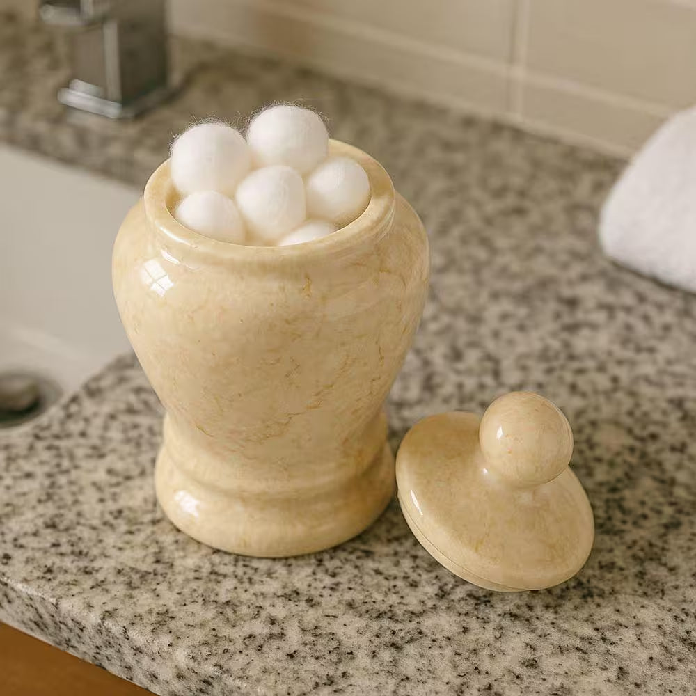 Natural Champagne Marble Aladdin Collection Cotton Ball Holder, Swab Q-Tip Holder, Bathroom Storage Jar Canister