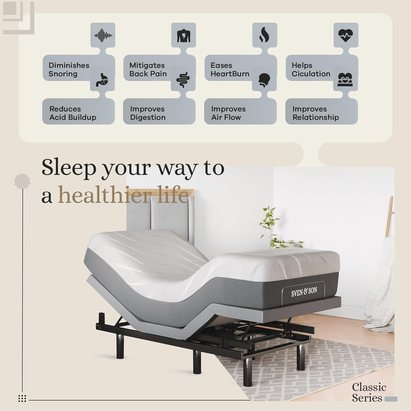 Classic Adjustable Bed Base, Head and Foot Lift, Massage, Under-Bed Lights, USB, Gel Memory, Zero Gravity Smart Frame - Twin XL + 14 Inch Hybrid Spring Matt (Medium Soft)