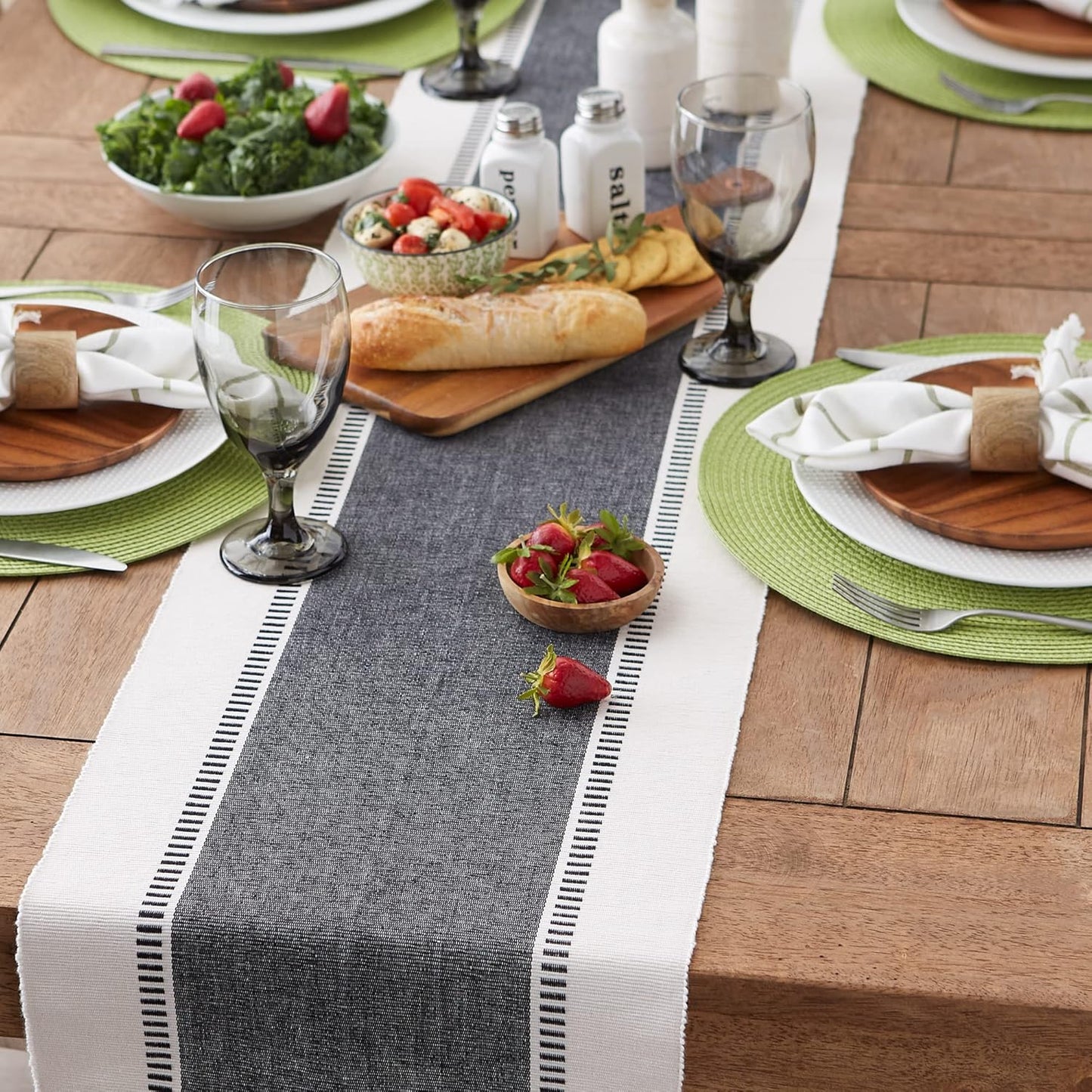 Dobby Stripe Woven Table Runner, 13X72 (13X77.5, Fringe Included), Black