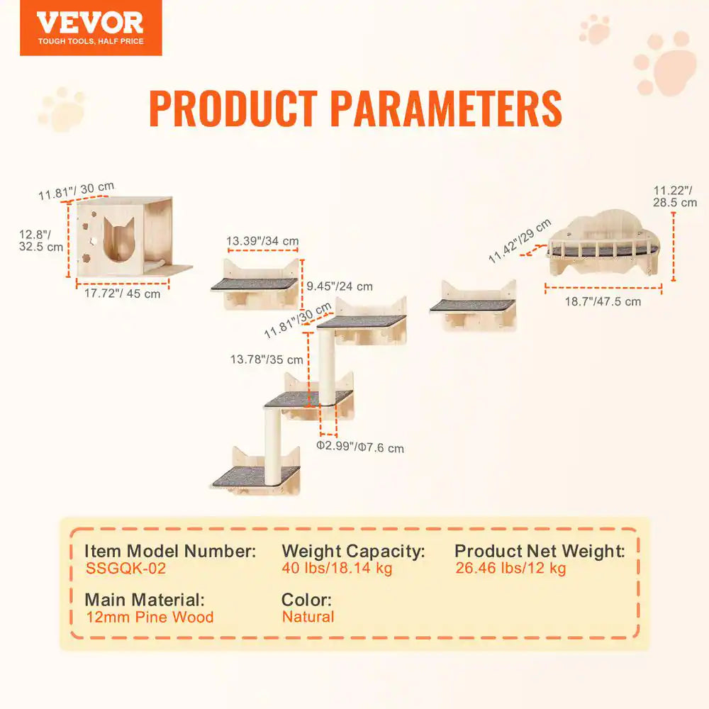 Wall Mounted Cat Shelves, Cat Wall Shelves and Perches with Jumping Boards, Nest, Barrier Board and Cat Tree, 40 Lbs.