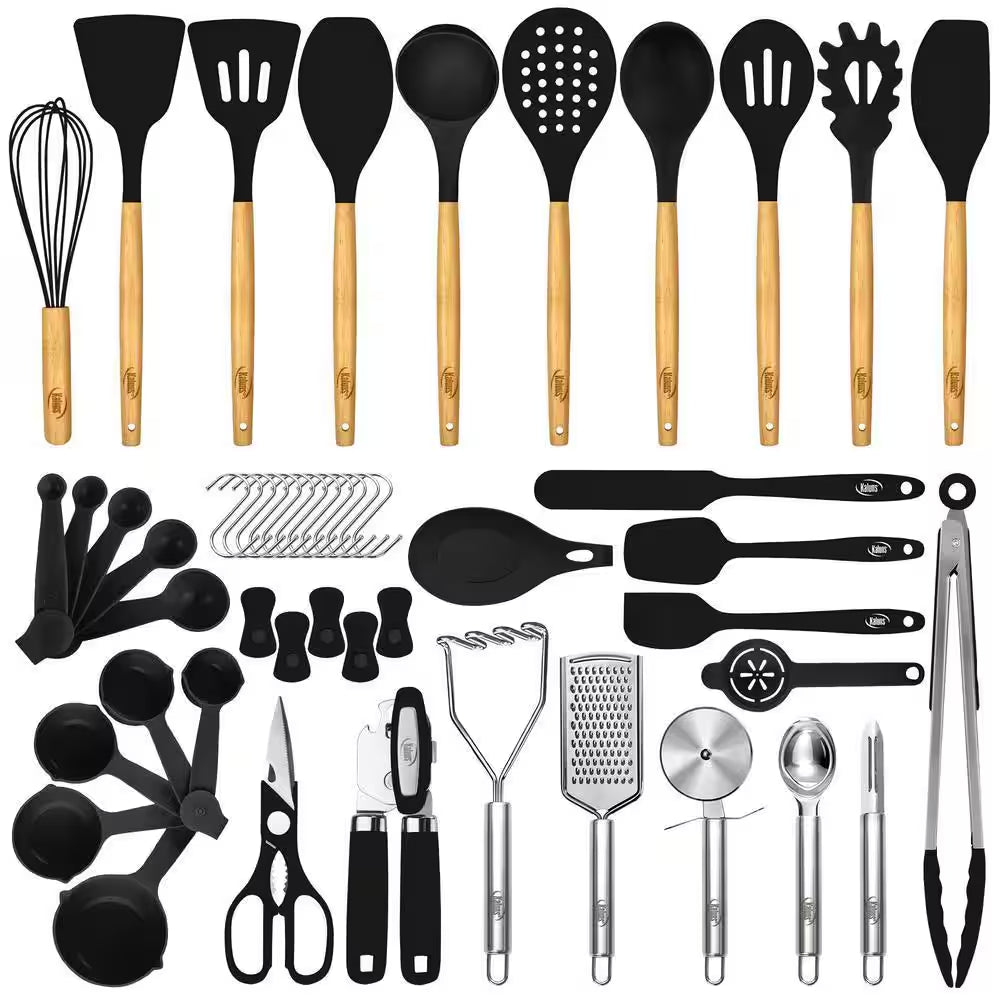Black, 50-Piece Set of Silicone Kitchen Utensils, Complete Kitchen Set, Premium Silicone Cooking Utensils