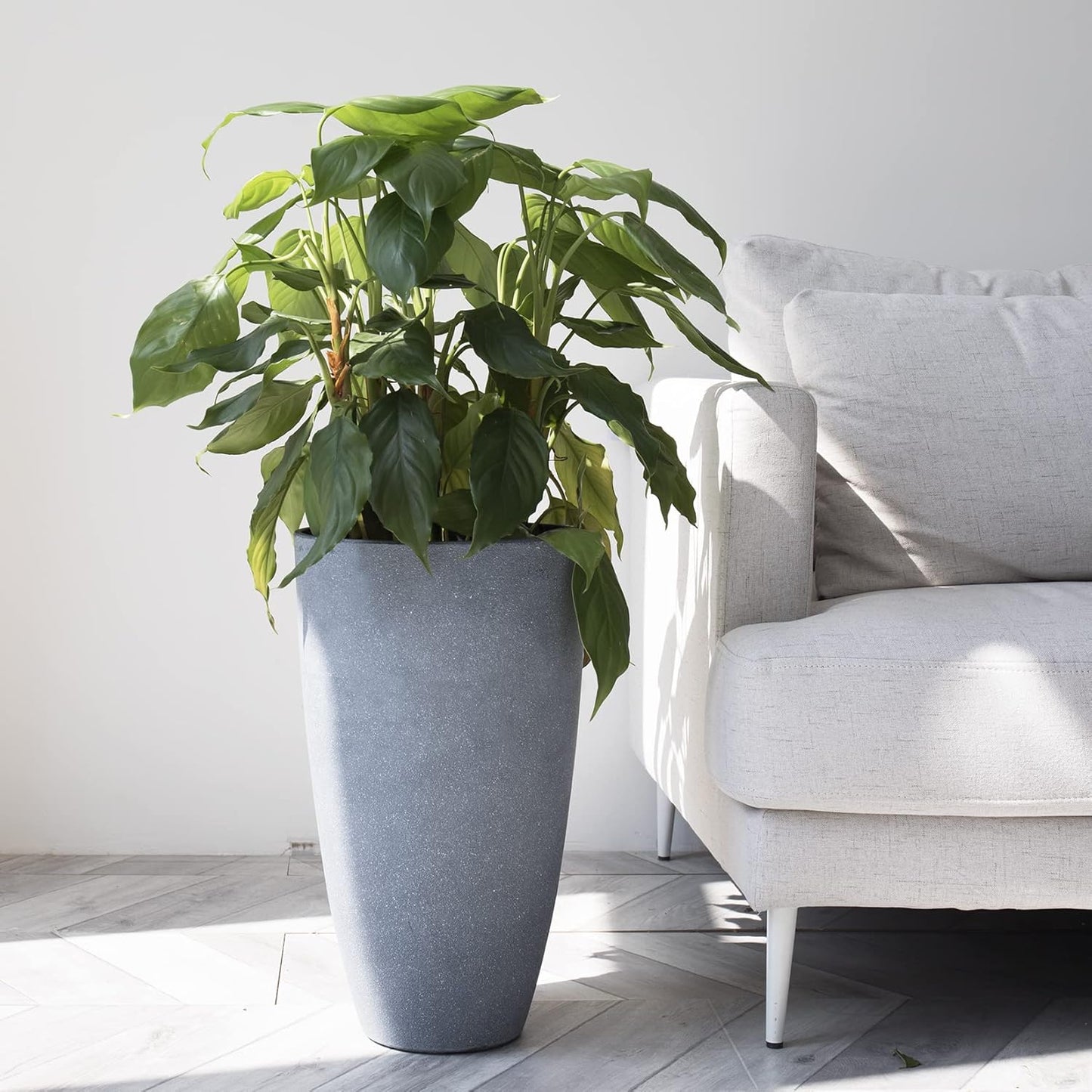 Set of 2 Tall Planters with Trays, 20 Inch Indoor/Outdoor Tall Planters,Large Grey Flower Pots,Tree Planters for Front Door,Patio and Deck