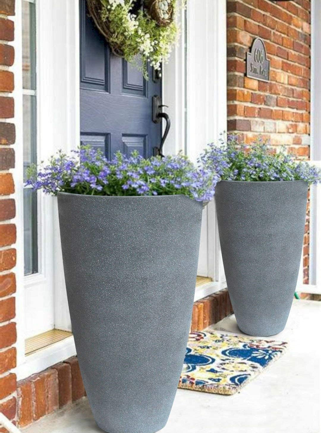 Set of 2 Tall Planters with Trays, 20 Inch Indoor/Outdoor Tall Planters,Large Grey Flower Pots,Tree Planters for Front Door,Patio and Deck