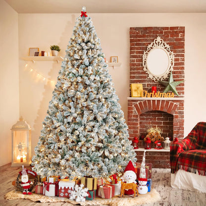 Yaheetech 9Ft Pre-Lit Artificial Christmas Tree with Incandescent Warm White Lights, Snow Flocked Full Prelighted Xmas Tree W/2084 Branch Tips, 900 Incandescent Lights & Foldable Stand, Green & White