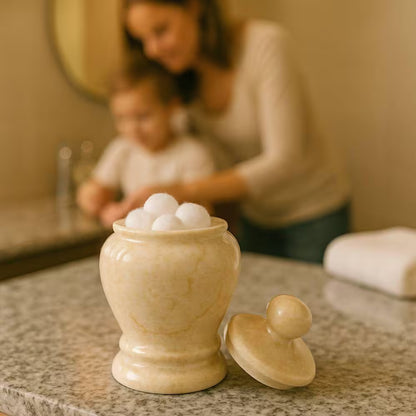 Natural Champagne Marble Aladdin Collection Cotton Ball Holder, Swab Q-Tip Holder, Bathroom Storage Jar Canister