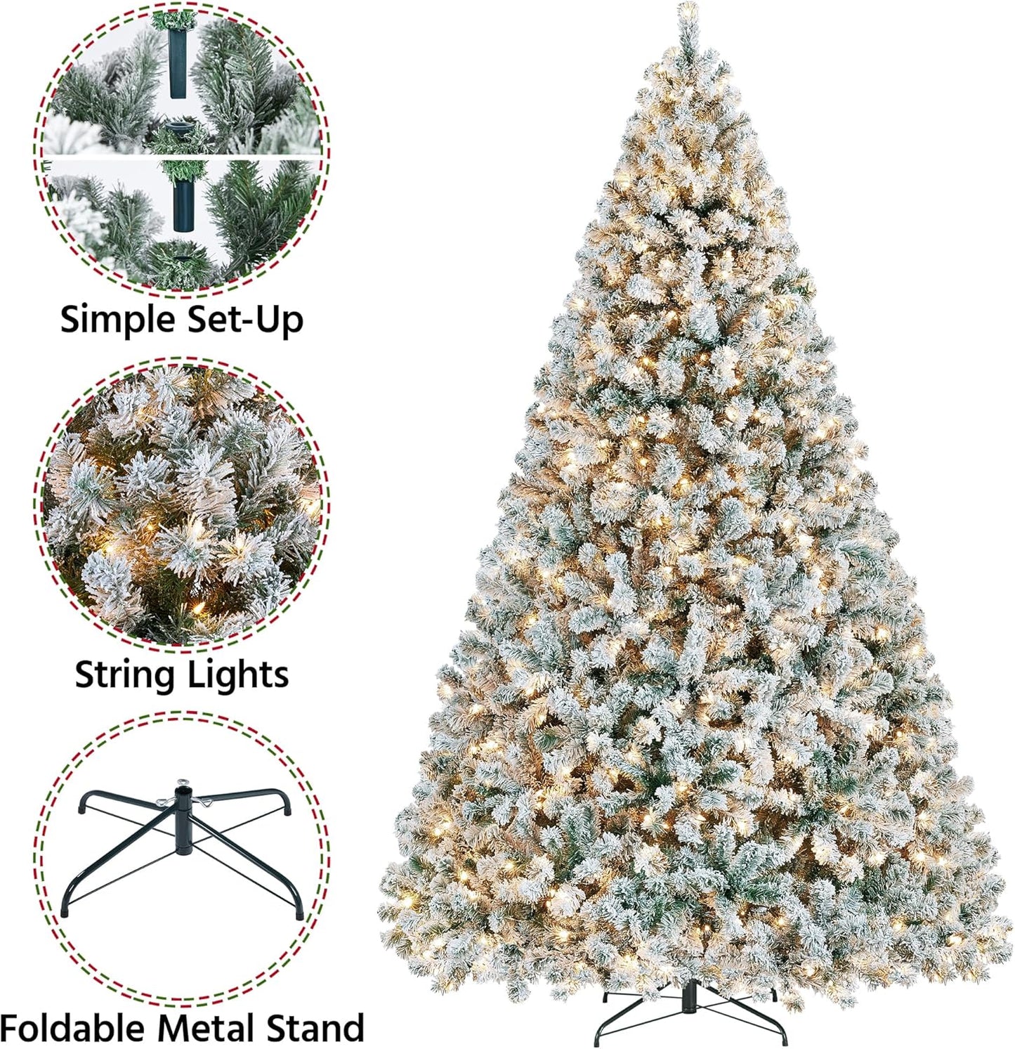 Yaheetech 9Ft Pre-Lit Artificial Christmas Tree with Incandescent Warm White Lights, Snow Flocked Full Prelighted Xmas Tree W/2084 Branch Tips, 900 Incandescent Lights & Foldable Stand, Green & White
