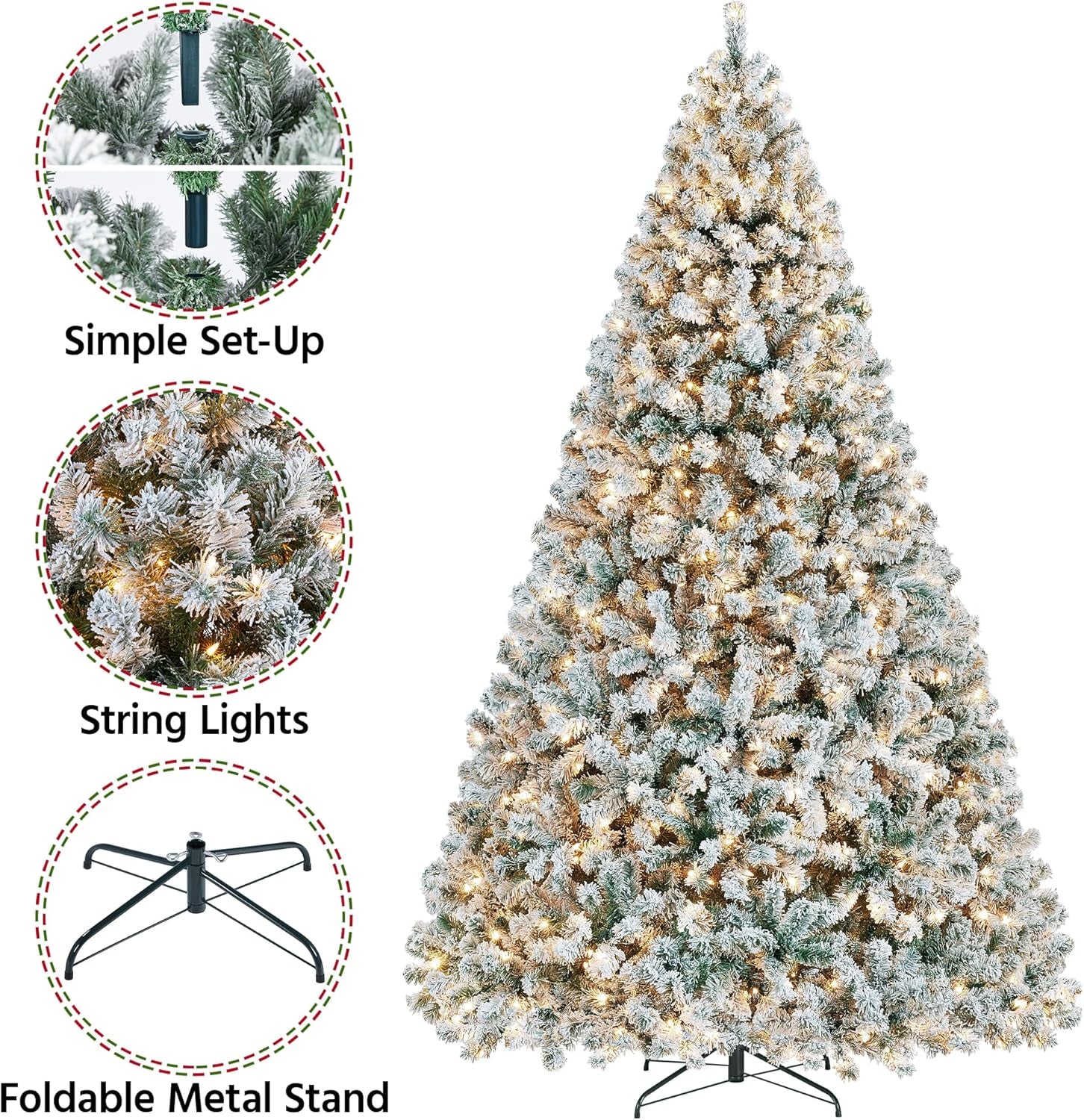 Yaheetech 9Ft Pre-Lit Artificial Christmas Tree with Incandescent Warm White Lights, Snow Flocked Full Prelighted Xmas Tree W/2084 Branch Tips, 900 Incandescent Lights & Foldable Stand, Green & White