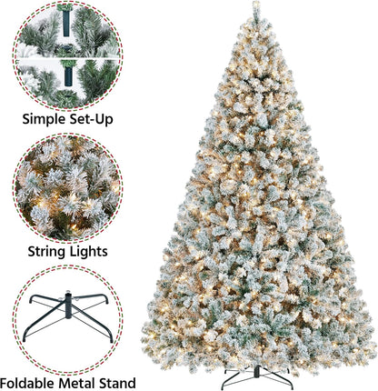 Yaheetech 9Ft Pre-Lit Artificial Christmas Tree with Incandescent Warm White Lights, Snow Flocked Full Prelighted Xmas Tree W/2084 Branch Tips, 900 Incandescent Lights & Foldable Stand, Green & White