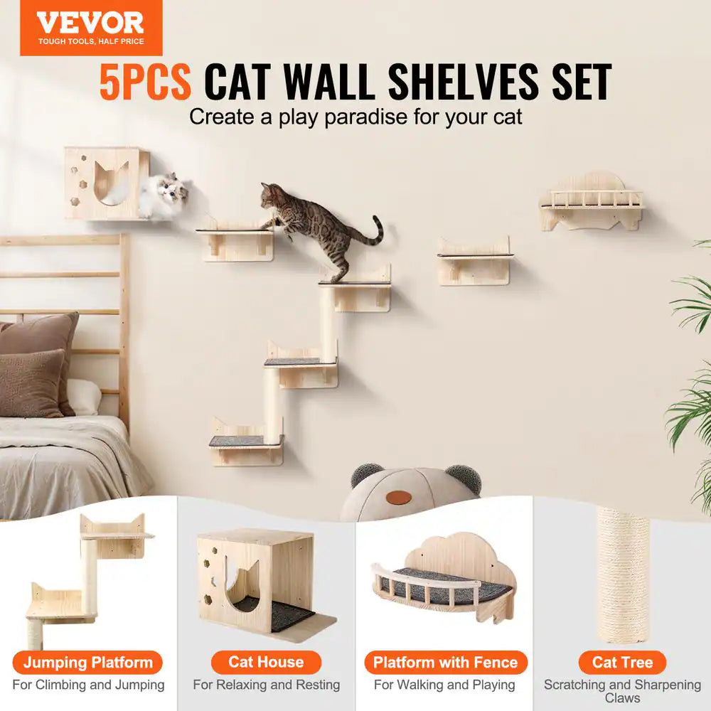 Wall Mounted Cat Shelves, Cat Wall Shelves and Perches with Jumping Boards, Nest, Barrier Board and Cat Tree, 40 Lbs.