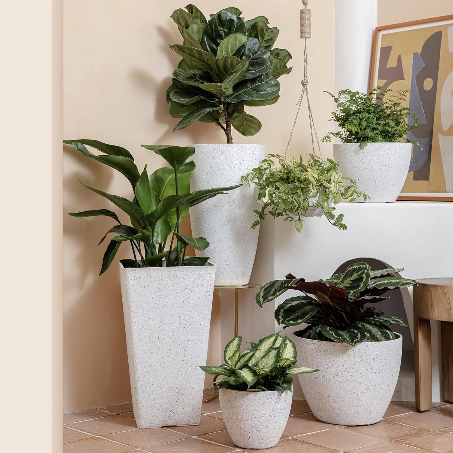 Flower Pots Outdoor Garden Planters, Indoor Plant Pots with Drainage Holes, Plastic, Speckled White, Set 2 (7.5 + 7.5 Inch)