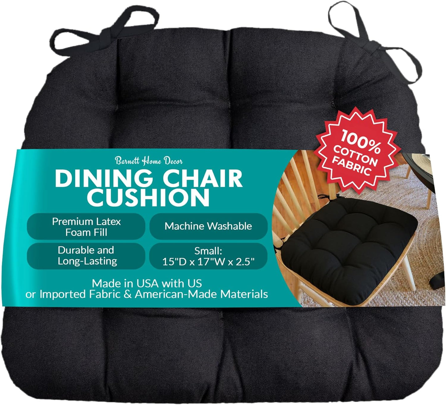 Cotton Duck Black Dining Chair Pad with Ties - 15 X 17 Size Small Chair Cushion - Latex Foam Fill - Machine Washable, Reversible, Solid Color, 100% Cotton, Made in USA