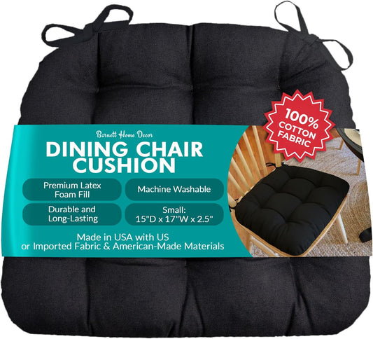 Cotton Duck Black Dining Chair Pad with Ties - 15 X 17 Size Small Chair Cushion - Latex Foam Fill - Machine Washable, Reversible, Solid Color, 100% Cotton, Made in USA