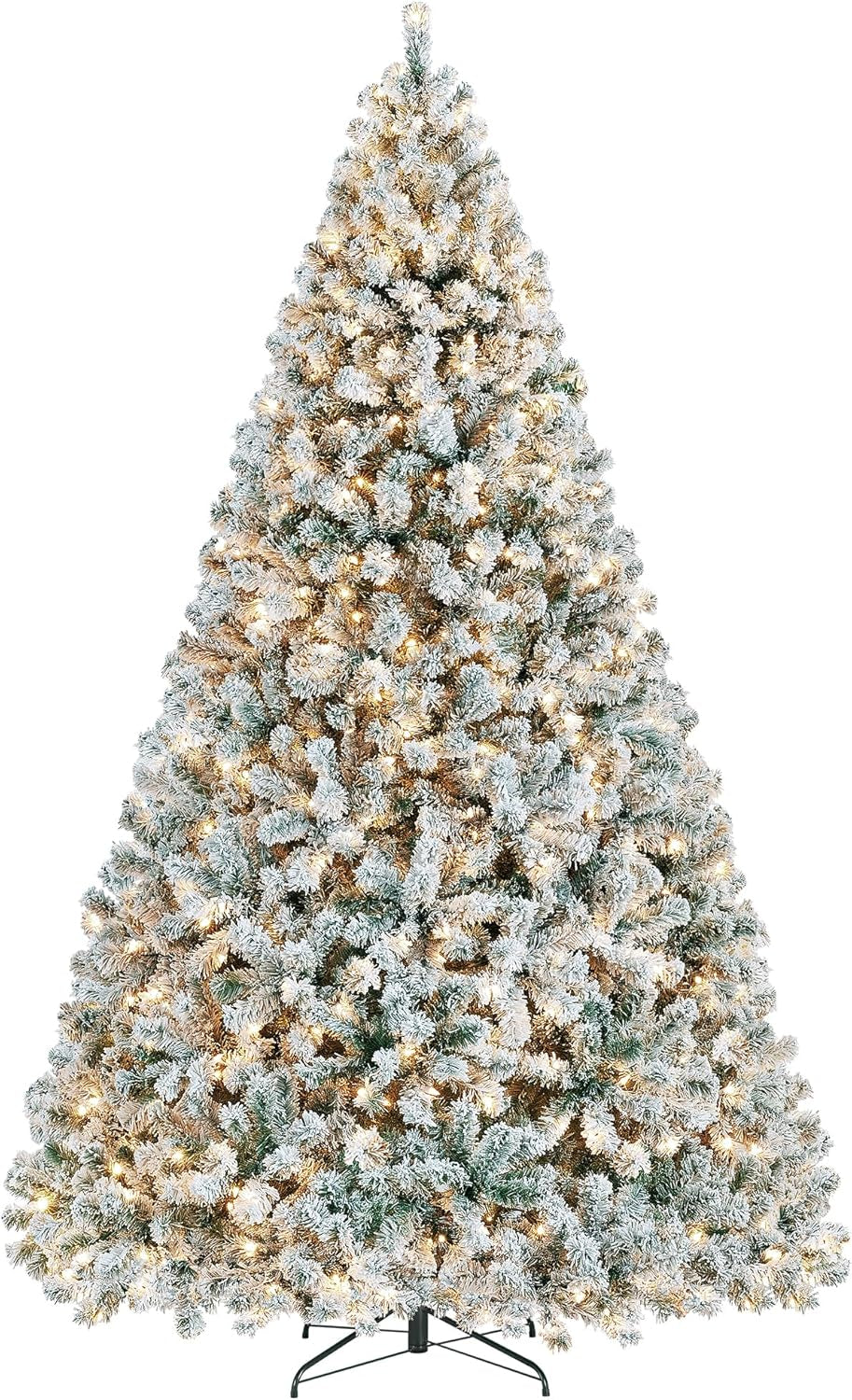 Yaheetech 9Ft Pre-Lit Artificial Christmas Tree with Incandescent Warm White Lights, Snow Flocked Full Prelighted Xmas Tree W/2084 Branch Tips, 900 Incandescent Lights & Foldable Stand, Green & White
