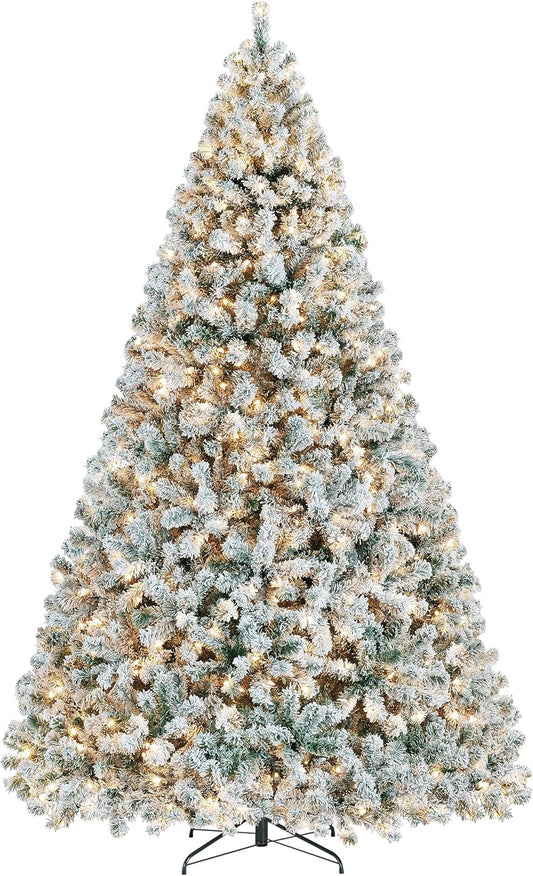Yaheetech 9Ft Pre-Lit Artificial Christmas Tree with Incandescent Warm White Lights, Snow Flocked Full Prelighted Xmas Tree W/2084 Branch Tips, 900 Incandescent Lights & Foldable Stand, Green & White