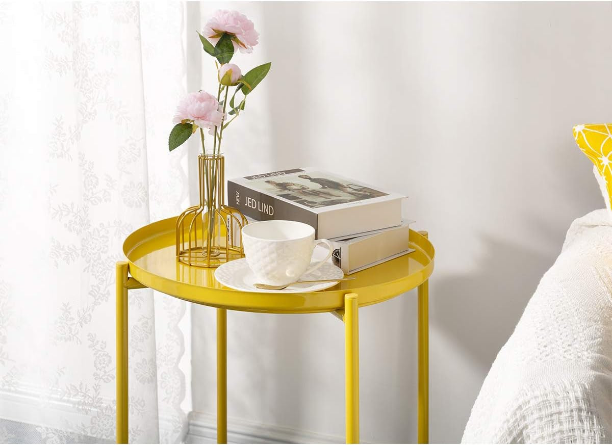 End Table, Outdoor Side Table Small Patio Desk round Metal Yellow Accent Nightstand for Small Spaces Coffee Nightstand Anti-Rust and Waterproof Bright Yellow