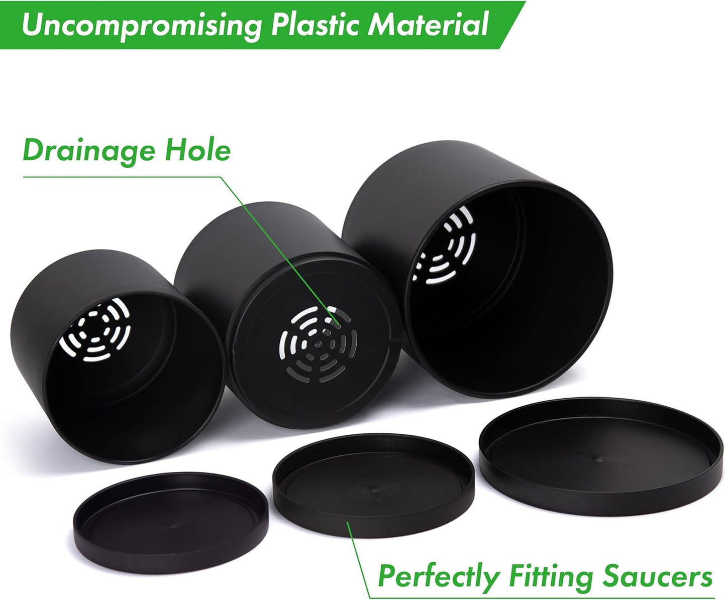 6 Inch 6.5 Inch 8 Inch, Set of 3 Plastic Planter Pots for Plants with Drainage Hole and Seamless Saucers, Black Color, Medium, 74-V-B-3
