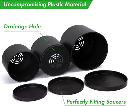 6 Inch 6.5 Inch 8 Inch, Set of 3 Plastic Planter Pots for Plants with Drainage Hole and Seamless Saucers, Black Color, Medium, 74-V-B-3