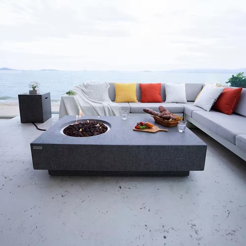 Metropolis Outdoor Fire Pit 56 In. X 32 In. Rectangular Concrete Propane Fire Table with Lava Rocks and Cover