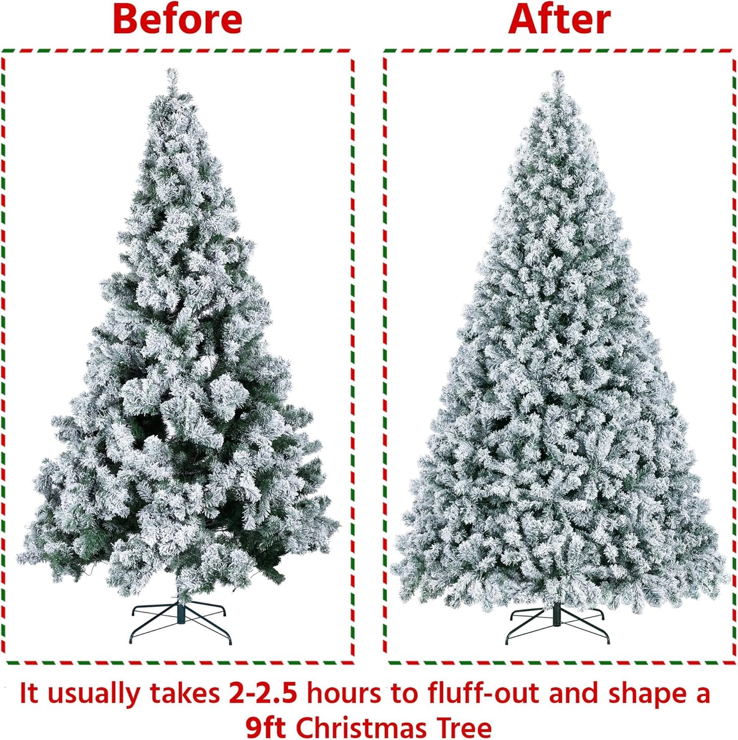 Yaheetech 9Ft Pre-Lit Artificial Christmas Tree with Incandescent Warm White Lights, Snow Flocked Full Prelighted Xmas Tree W/2084 Branch Tips, 900 Incandescent Lights & Foldable Stand, Green & White