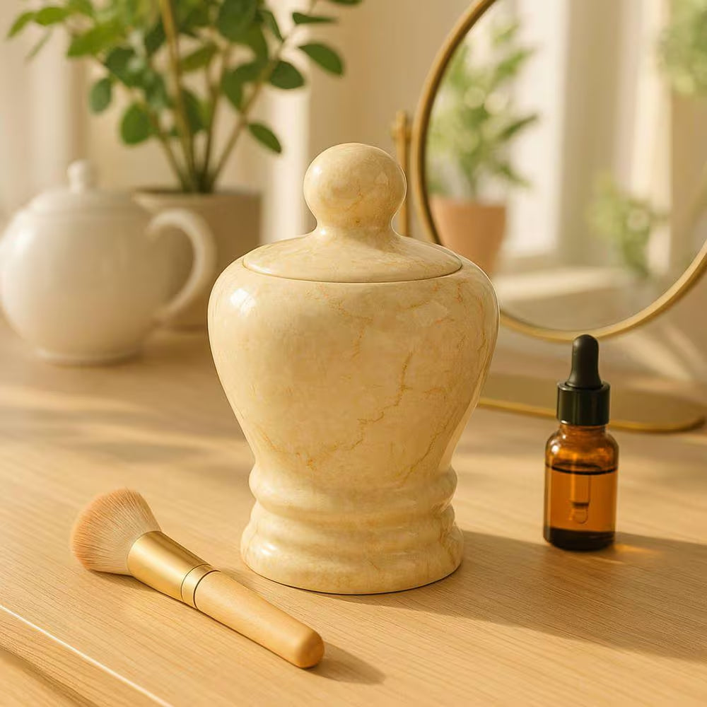 Natural Champagne Marble Aladdin Collection Cotton Ball Holder, Swab Q-Tip Holder, Bathroom Storage Jar Canister