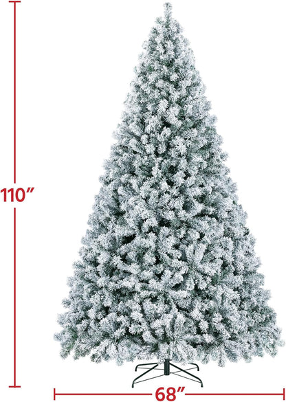 Yaheetech 9Ft Pre-Lit Artificial Christmas Tree with Incandescent Warm White Lights, Snow Flocked Full Prelighted Xmas Tree W/2084 Branch Tips, 900 Incandescent Lights & Foldable Stand, Green & White