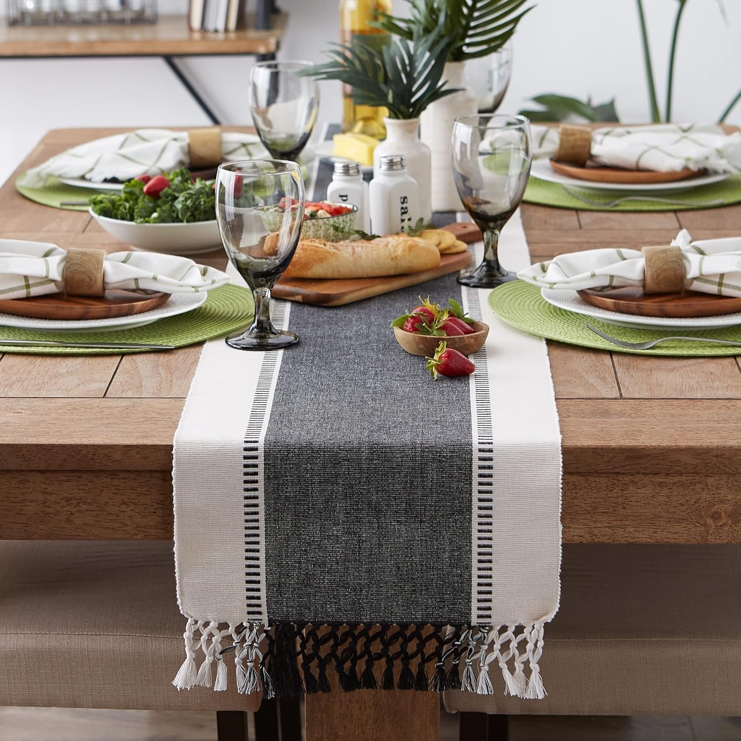 Dobby Stripe Woven Table Runner, 13X72 (13X77.5, Fringe Included), Black