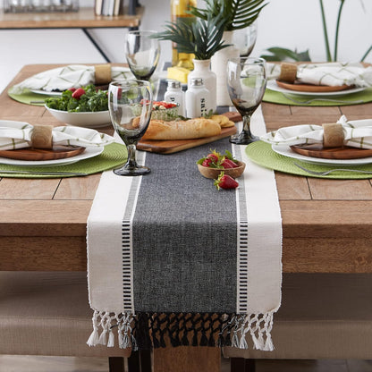 Dobby Stripe Woven Table Runner, 13X72 (13X77.5, Fringe Included), Black