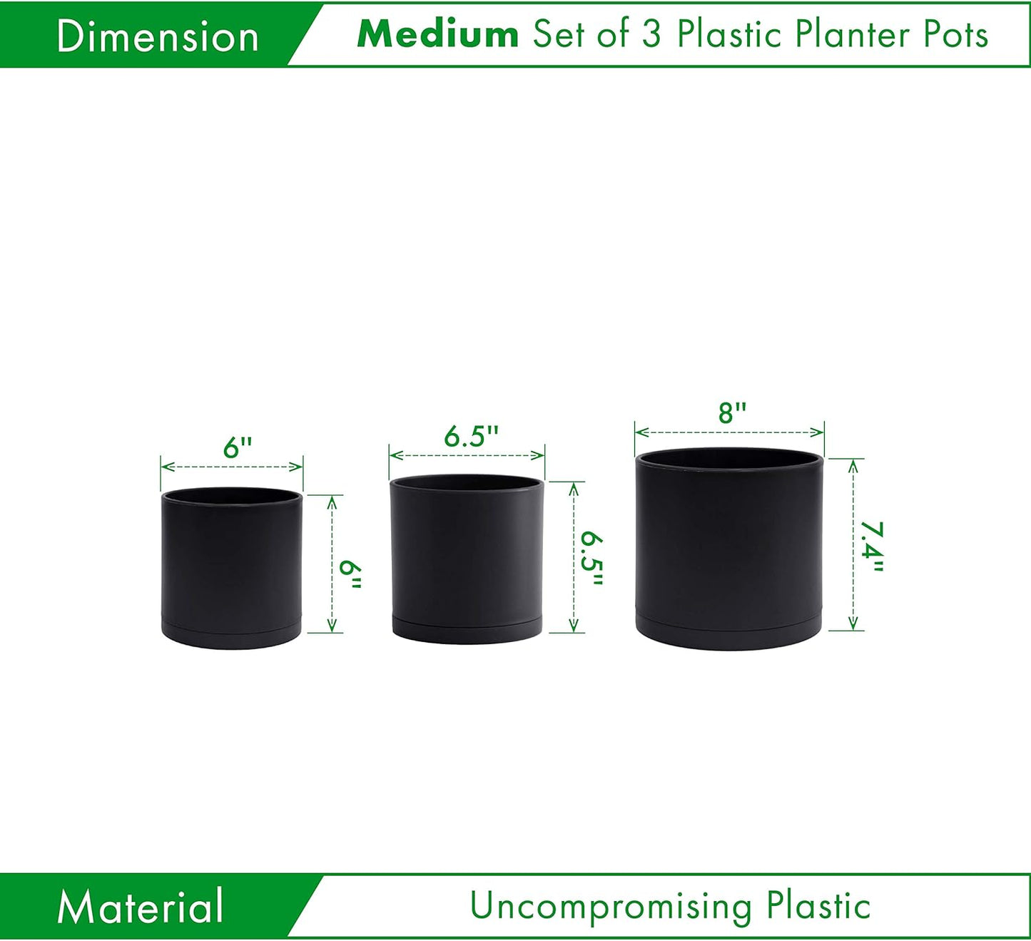 6 Inch 6.5 Inch 8 Inch, Set of 3 Plastic Planter Pots for Plants with Drainage Hole and Seamless Saucers, Black Color, Medium, 74-V-B-3