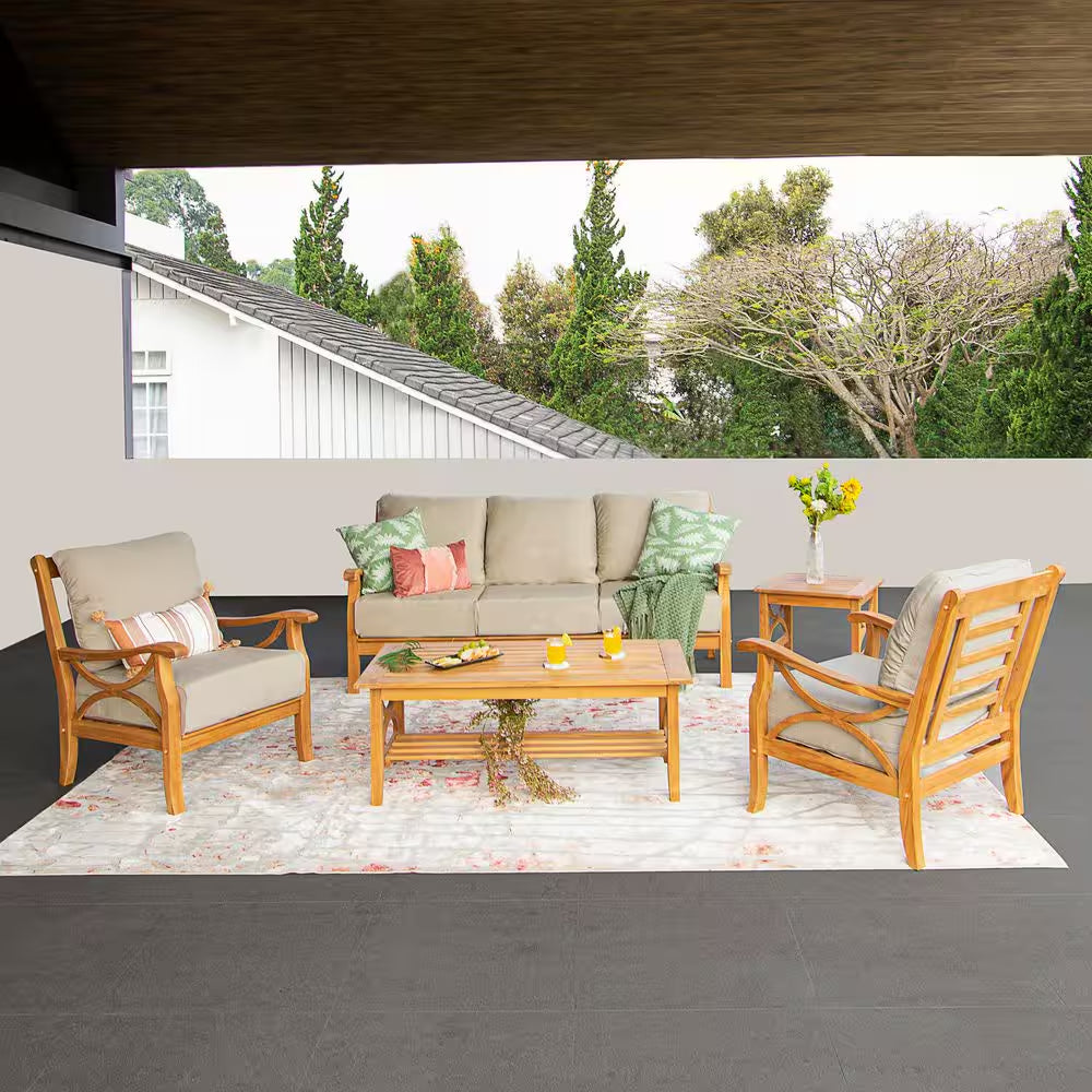 Kinsley 5-Piece Premium Indonesia Teak Wood Patio Conversation Set with Beige Cushion