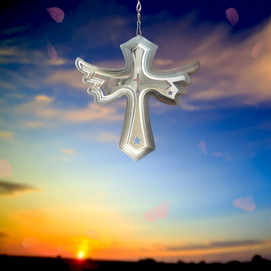 Stainless Steel Wind Spinner Worth Gift Indoor Outdoor Garden Decoration Crafts Ornaments Metal Art Kinetic Yard Art Decorations 8 Inch Silver Color Cross Wind Spinners