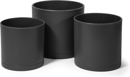 6 Inch 6.5 Inch 8 Inch, Set of 3 Plastic Planter Pots for Plants with Drainage Hole and Seamless Saucers, Black Color, Medium, 74-V-B-3
