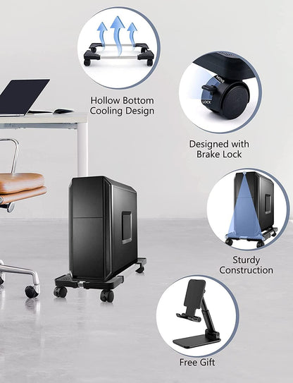 Computer Tower Stand, PC Stand, Adjustable Mobile CPU Stand with Rolling Wheels, PC Tower Stand for Floor Carpet Gaming PC Case, PC Riser for Gamers and Students