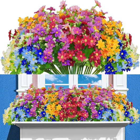12 Bundles Artificial Fake Flowers for Outdoor Decoration, UV Resistant Faux Plastic Fabric Greenery Shrubs Plants Fake Flowers Hanging Planter Kitchen Home Garden Wedding Decor(Six Colors)