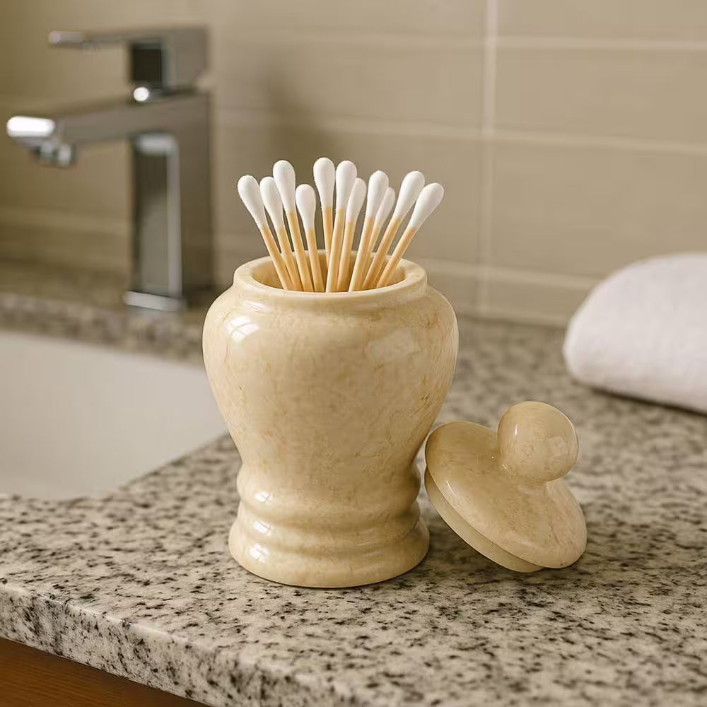 Natural Champagne Marble Aladdin Collection Cotton Ball Holder, Swab Q-Tip Holder, Bathroom Storage Jar Canister