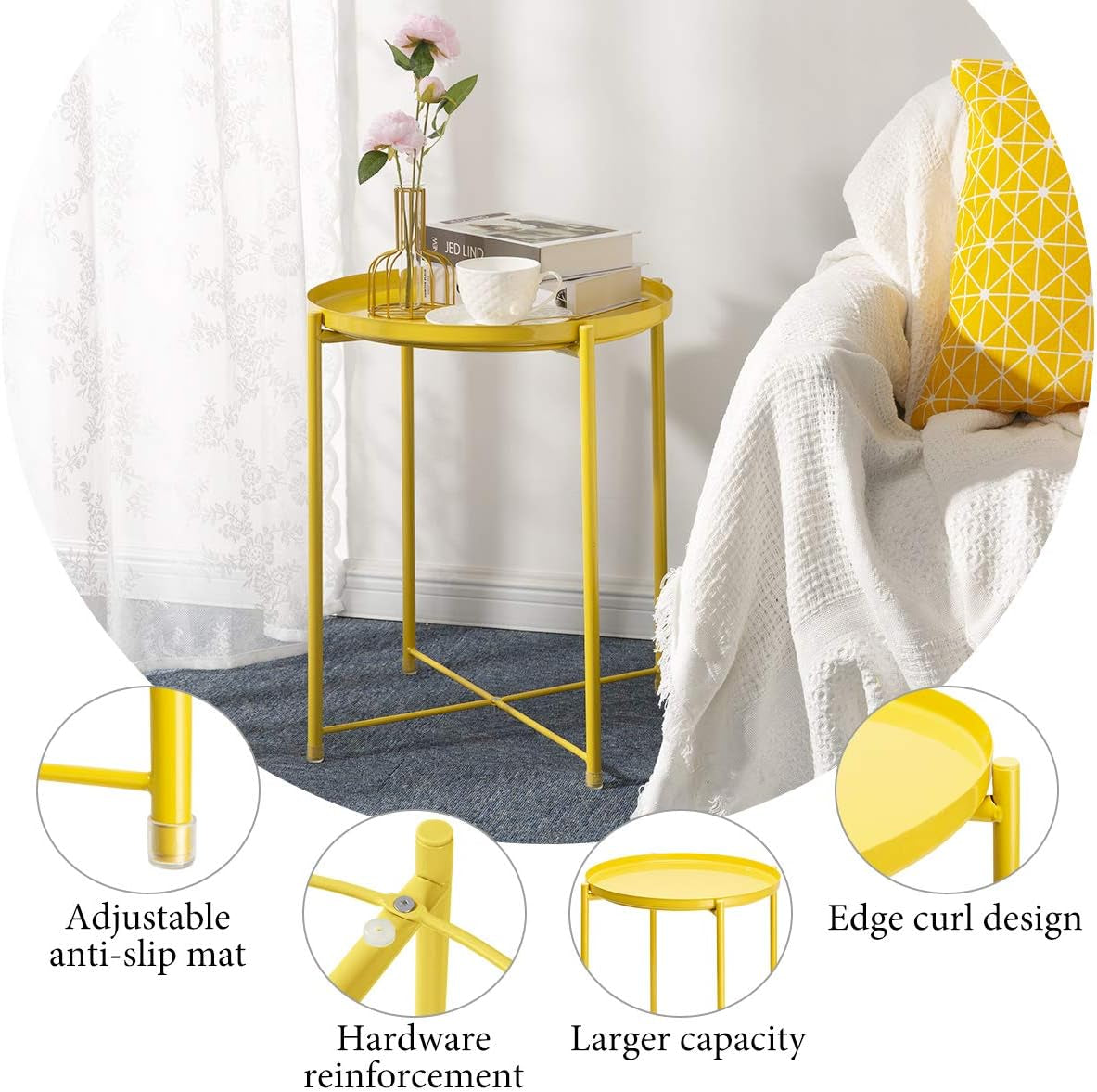 End Table, Outdoor Side Table Small Patio Desk round Metal Yellow Accent Nightstand for Small Spaces Coffee Nightstand Anti-Rust and Waterproof Bright Yellow
