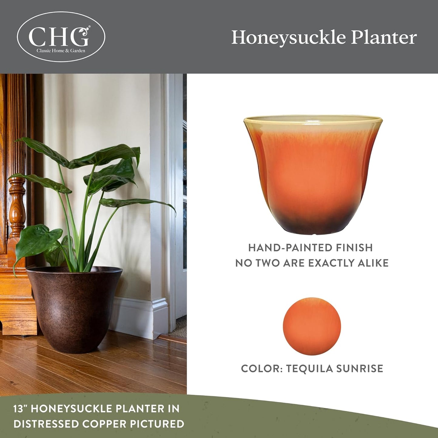 Classic Home and Garden Honeysuckle Resin Planters - Lightweight Indoor & Outdoor Plant Pots - Uv-Resistant Plastic Flower Pots - Pot Planters for Flowers & Herbs (15" Tequila Sunrise)