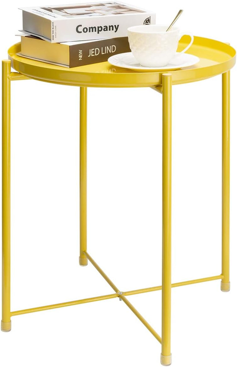 End Table, Outdoor Side Table Small Patio Desk round Metal Yellow Accent Nightstand for Small Spaces Coffee Nightstand Anti-Rust and Waterproof Bright Yellow
